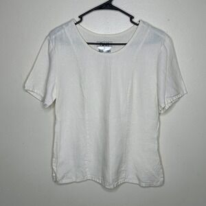 FLAX Top White 100% Linen Short Sleeve‎ Scoop Neck Petite (4-6)